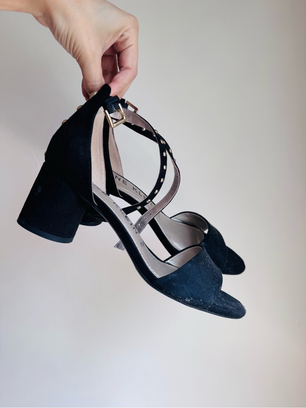 Anne Klein Black Suede Block Heel Sandals with Studded Ankle Straps